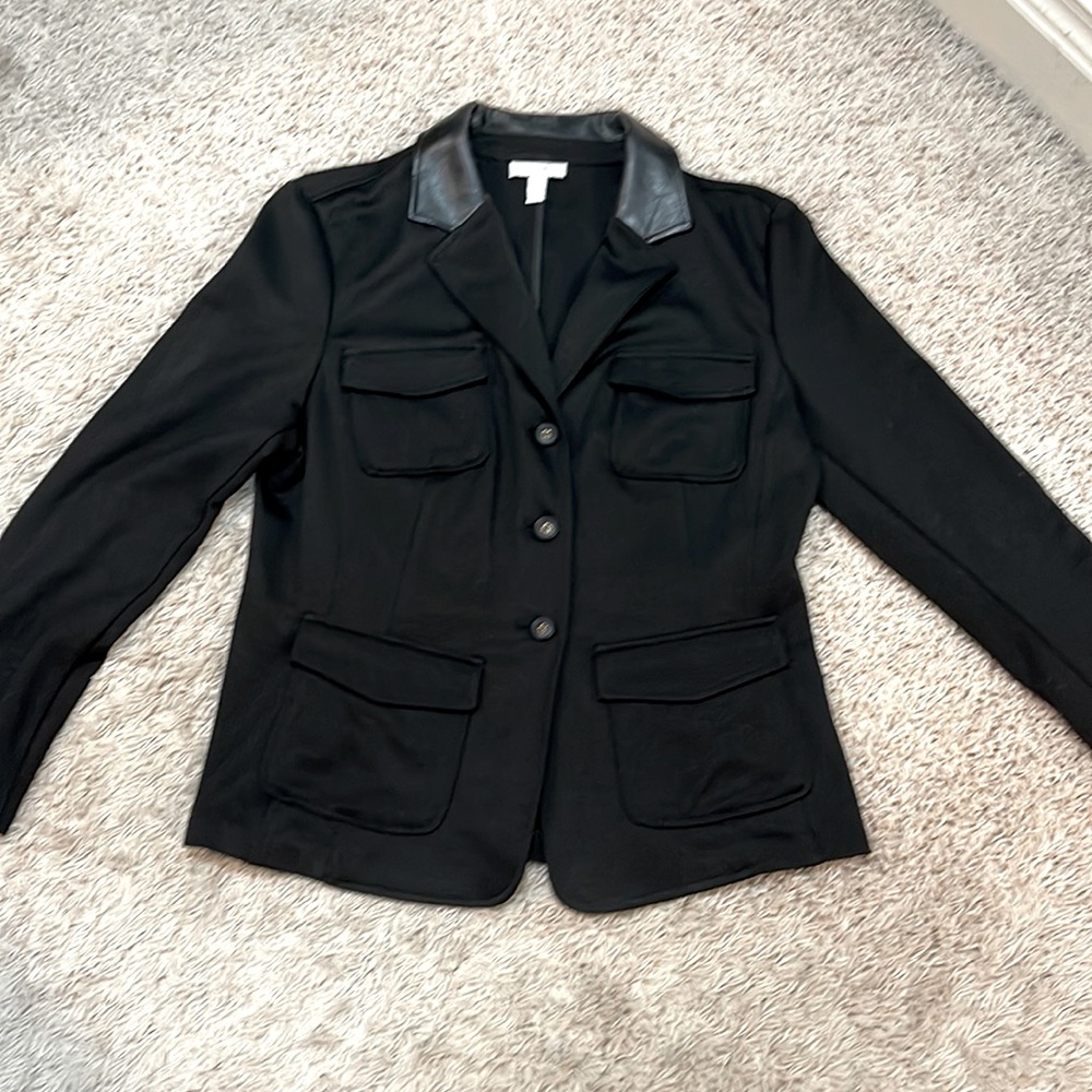 Knit jacket with leather collar